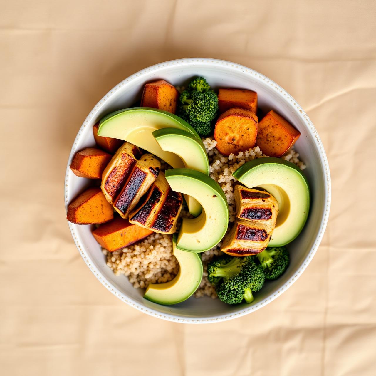 High-protein meal prep bowl with grilled chicken, quinoa and vegetables